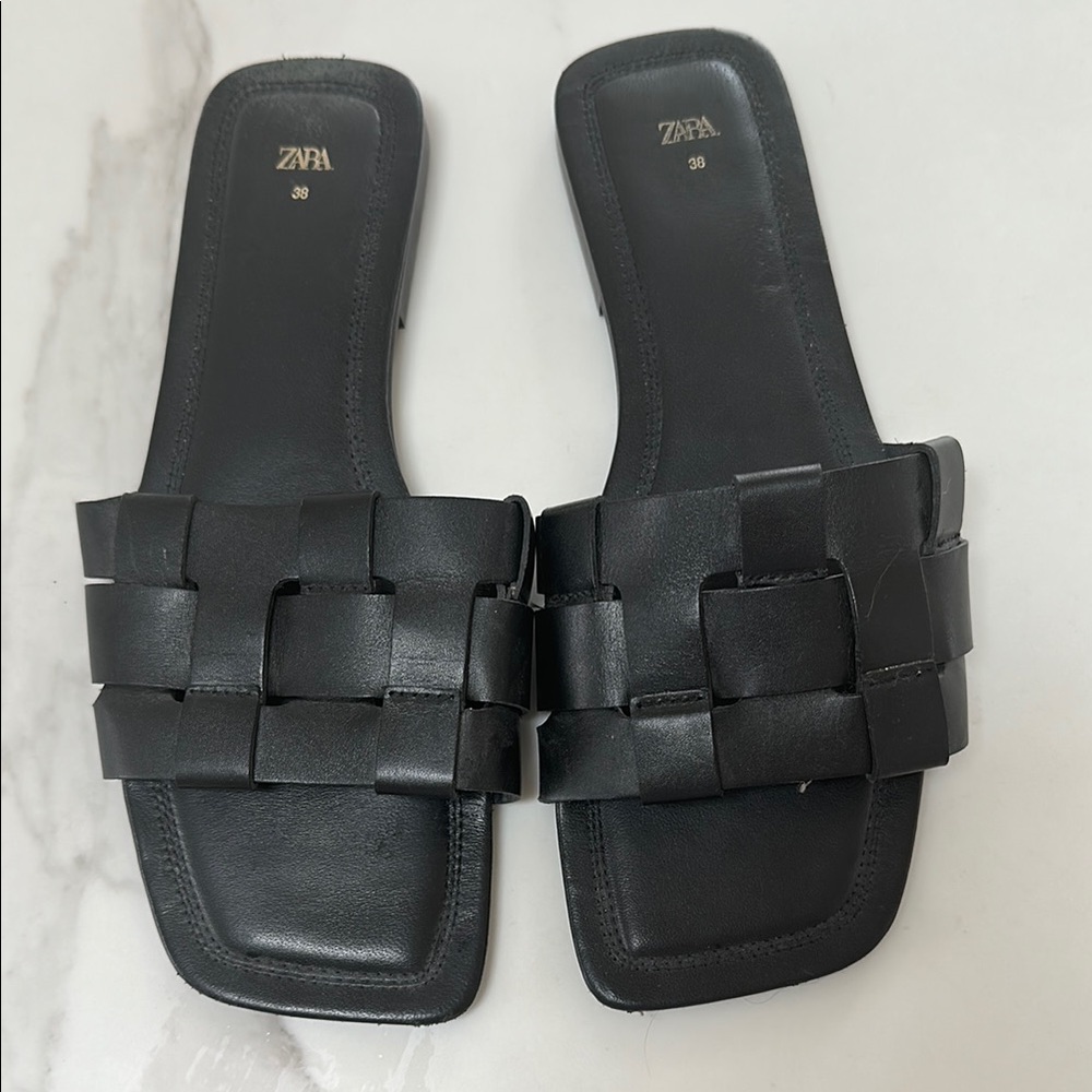 Zara Black Woven Slide Sandals